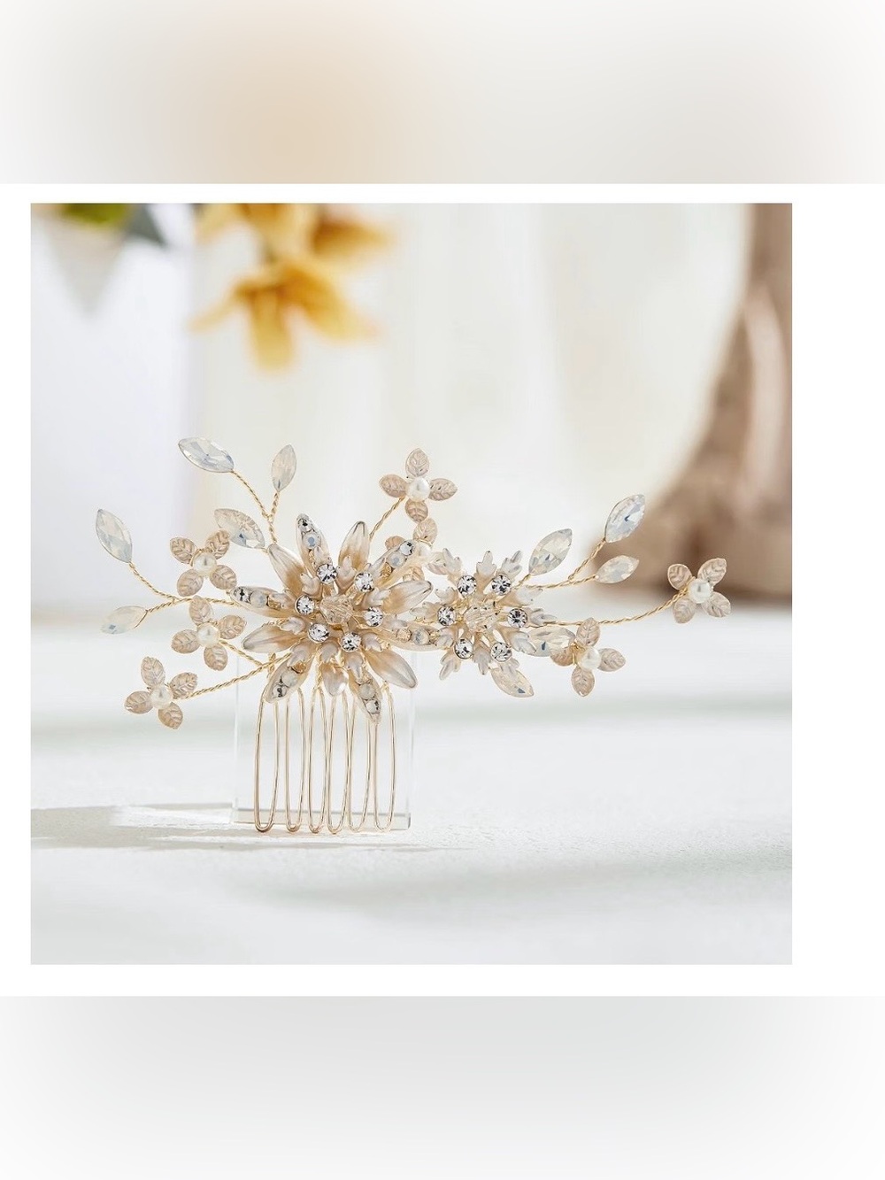 Elegant Gold Floral Crystal Hair Comb - Women Accessories